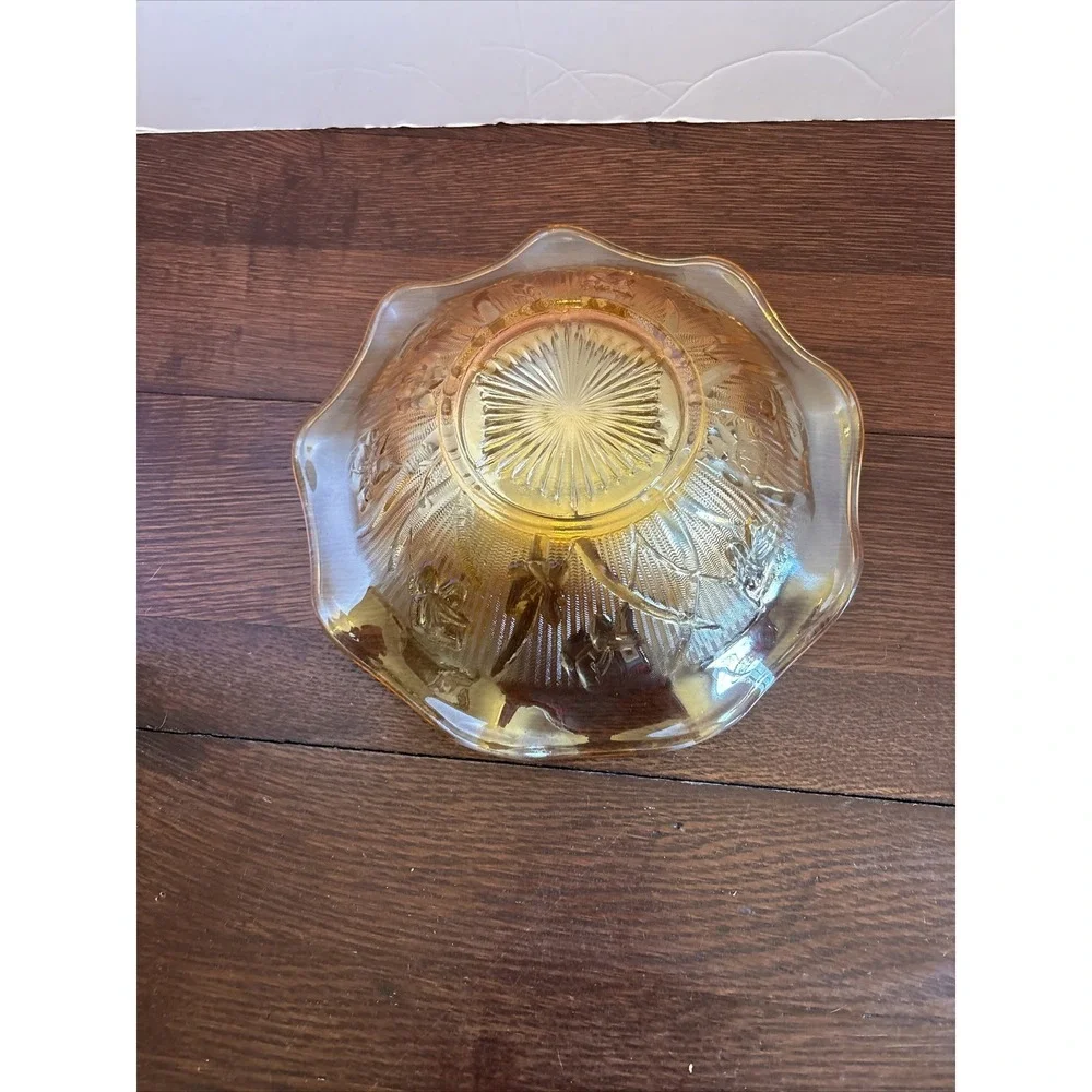 Vintage Marigold Carnival Glass Ruffled Bowl Iridescent Floral Pattern 9‎ Inch